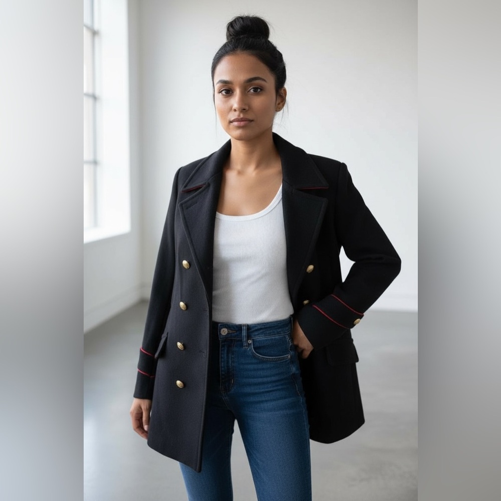 Boohoo Military-Style Black Coat with Gold Buttons